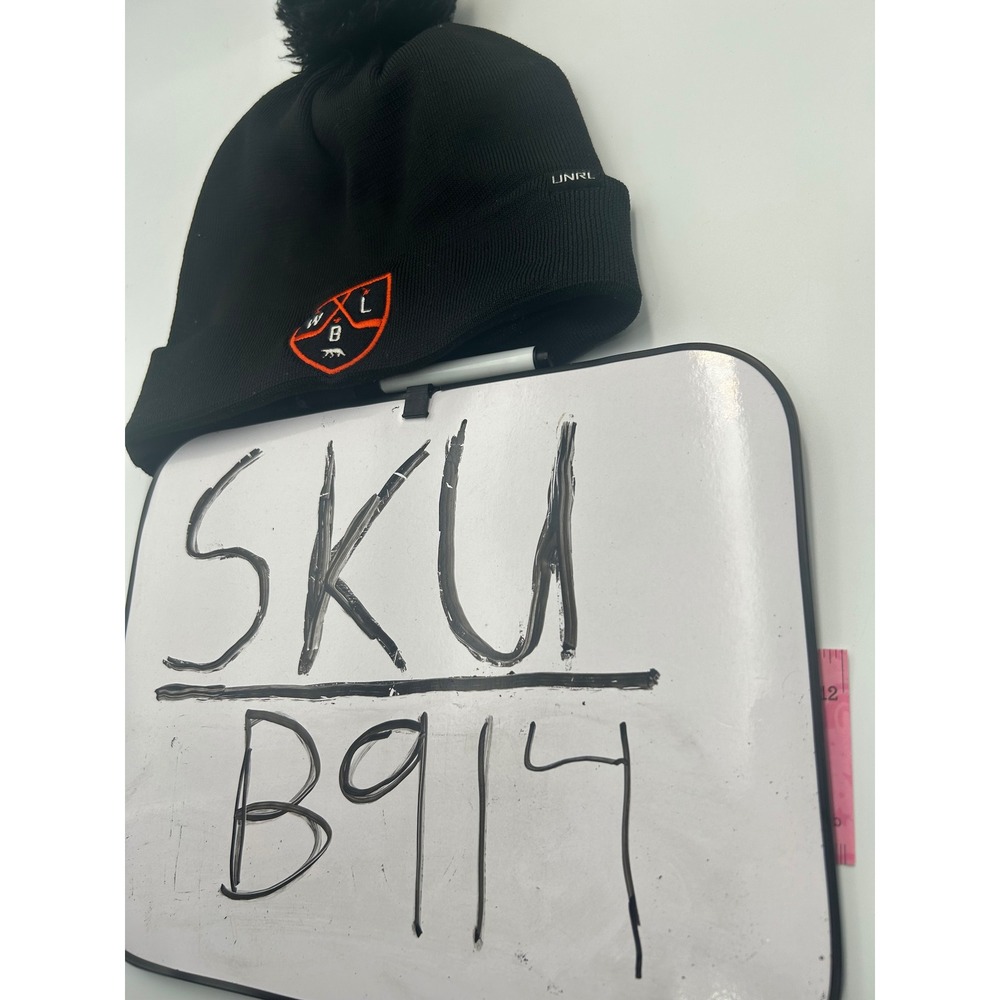 UNRL Black Knit Pom Beanie Hat Orange Shield Logo #18 Thermal Lining B914 - Picture 6 of 6